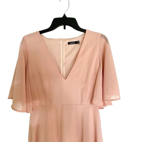 Boohoo Light Pink Flutter Sleeve V-Neck Midi Dress, Wedding Guest, Size 6 - Picture 3 of 13